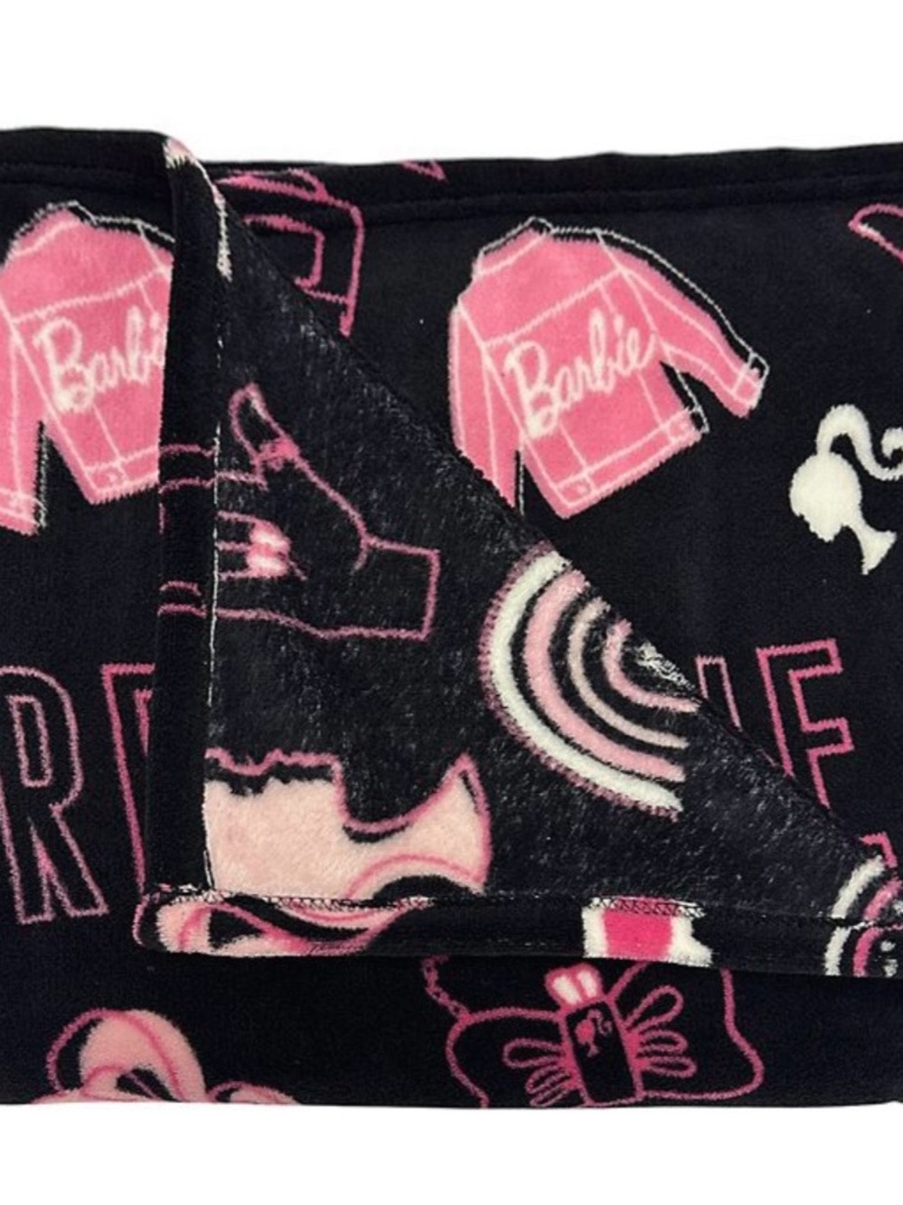 Barbie Black with Pink Graphic Throw Blanket. New with Tags - 46 x 60 - Picture 2 of 2